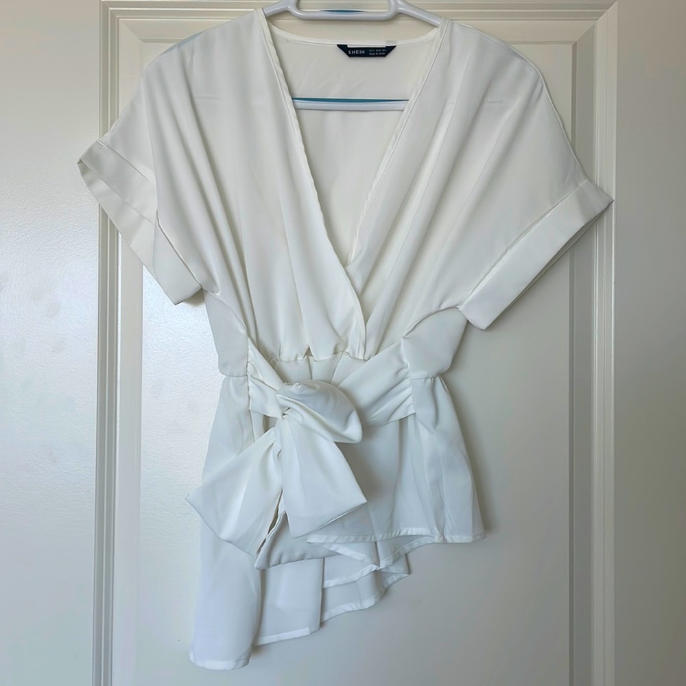 White Asymmetrical Tie Front Blouse